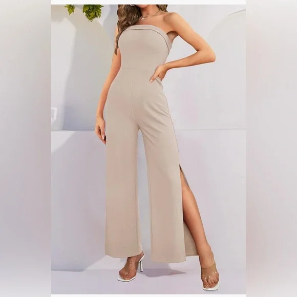 Elegant Tan Jumpsuit with Sexy Leg Slit - Picture 5 of 12